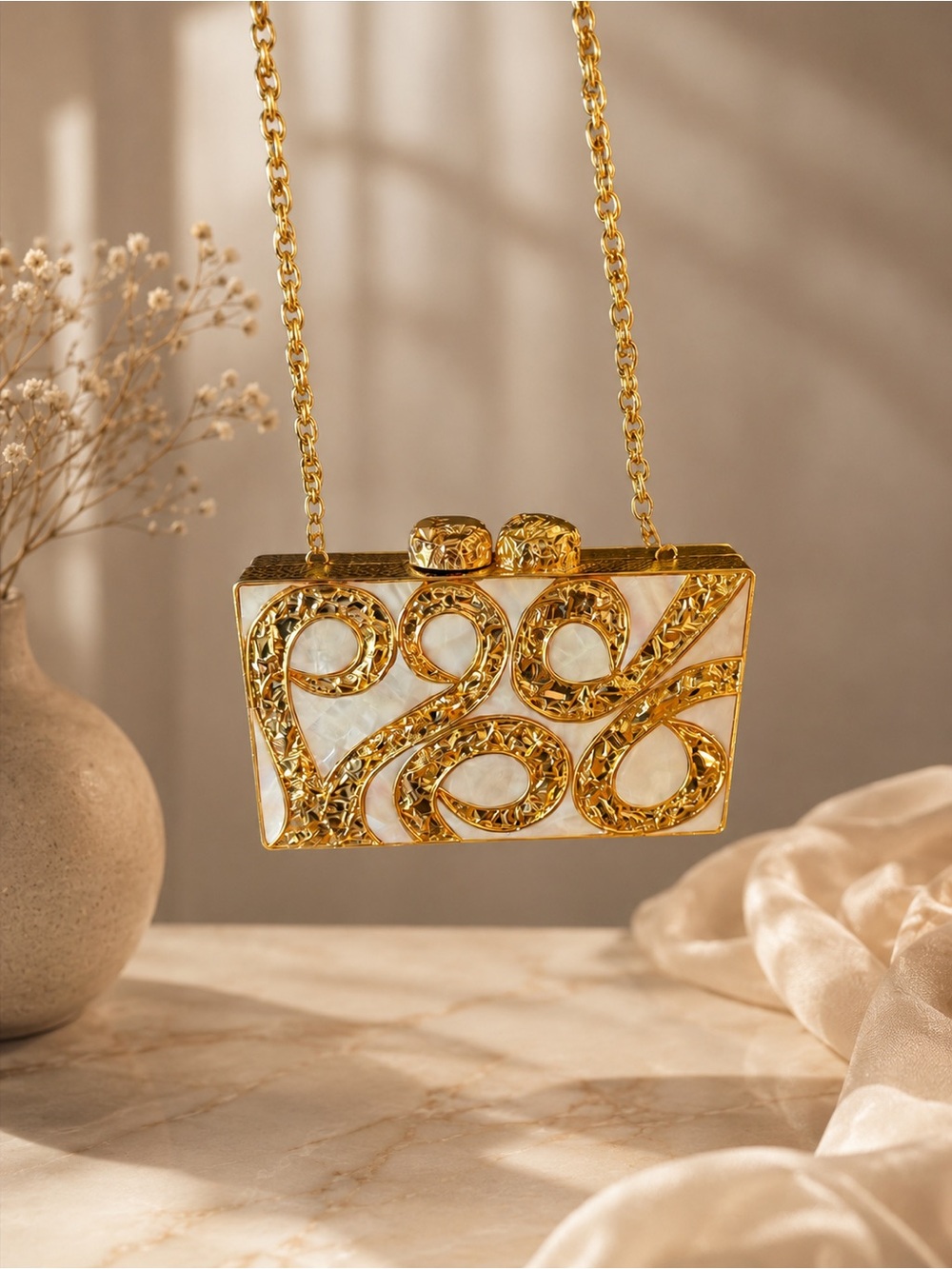 Gold and Ivory Swirl Minaudière Clutch Shoulder Bag